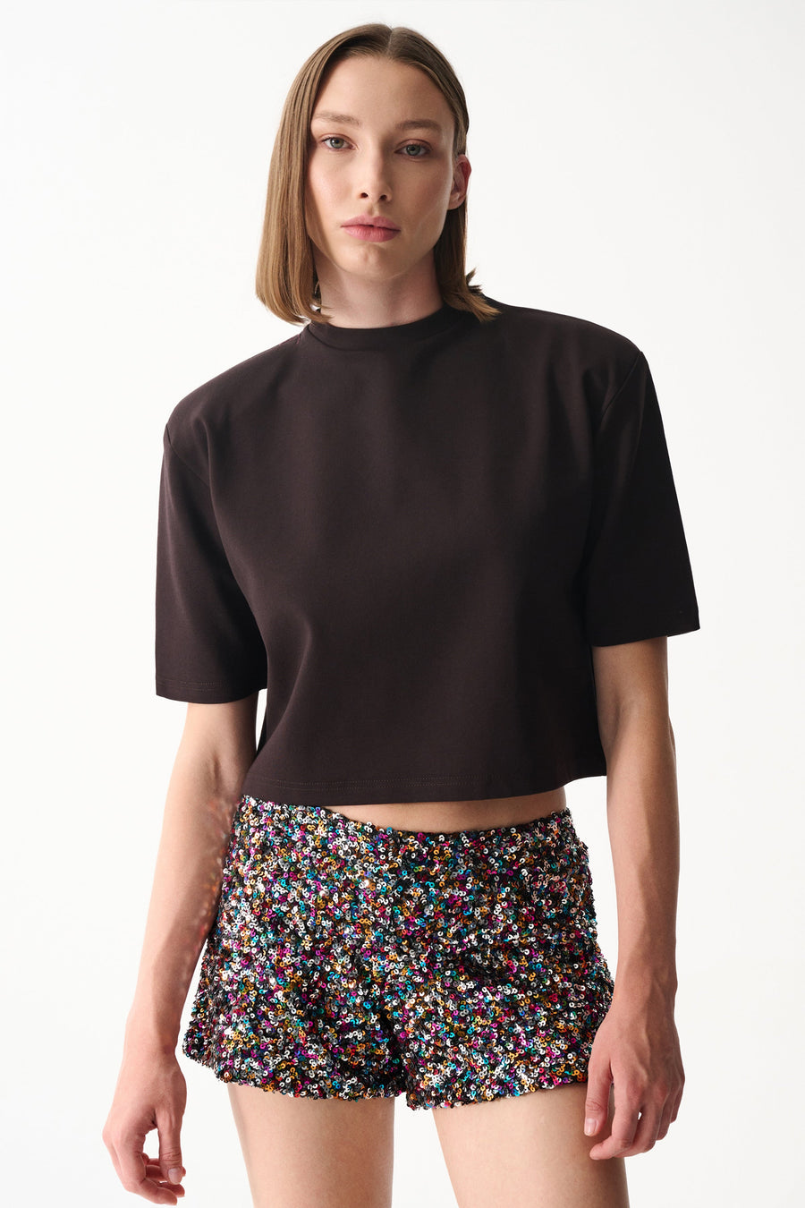 Dark chocolate brown cropped t-shirt with high crew neck and structured short sleeves