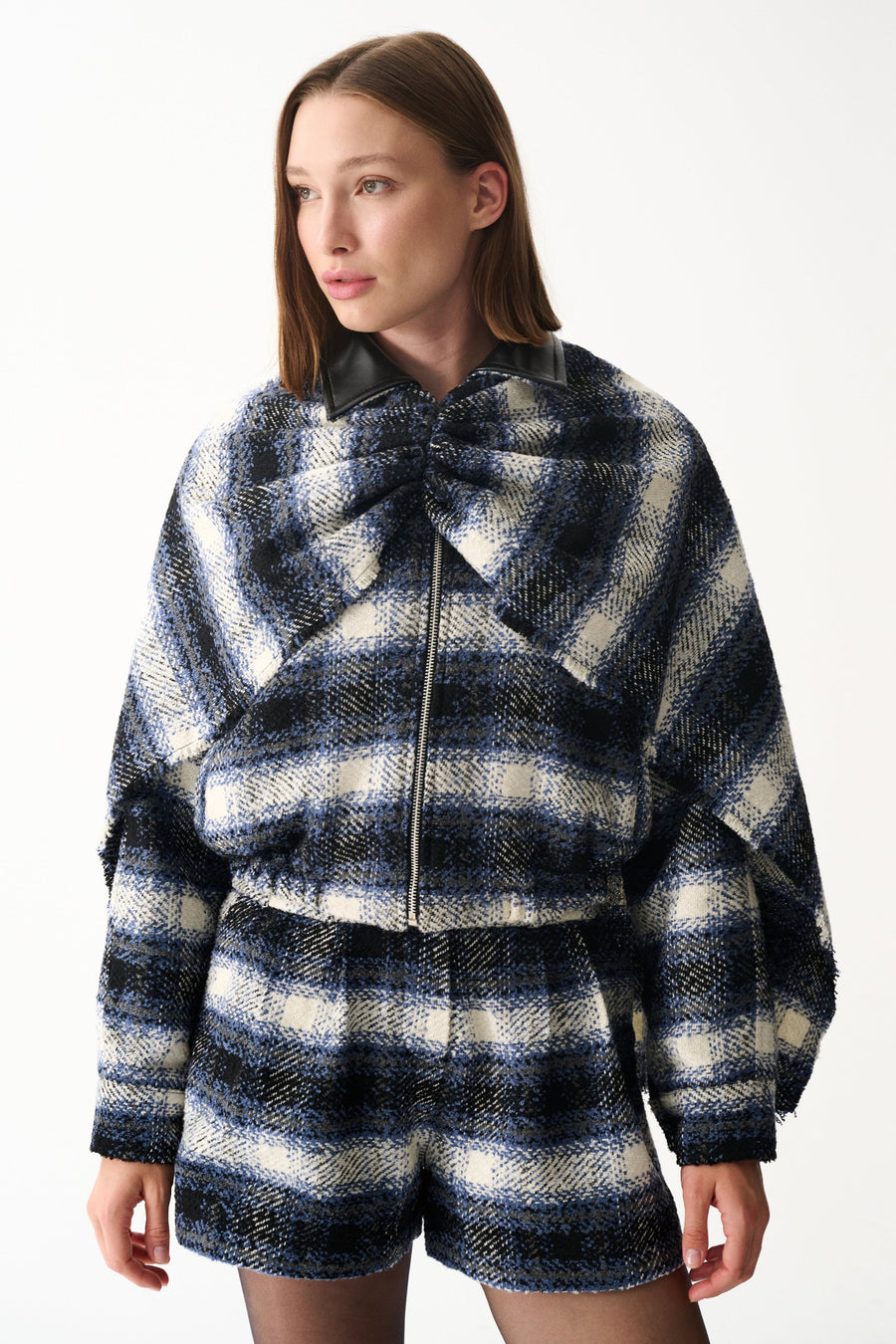 Plaid wool cape, jacket and shorts set