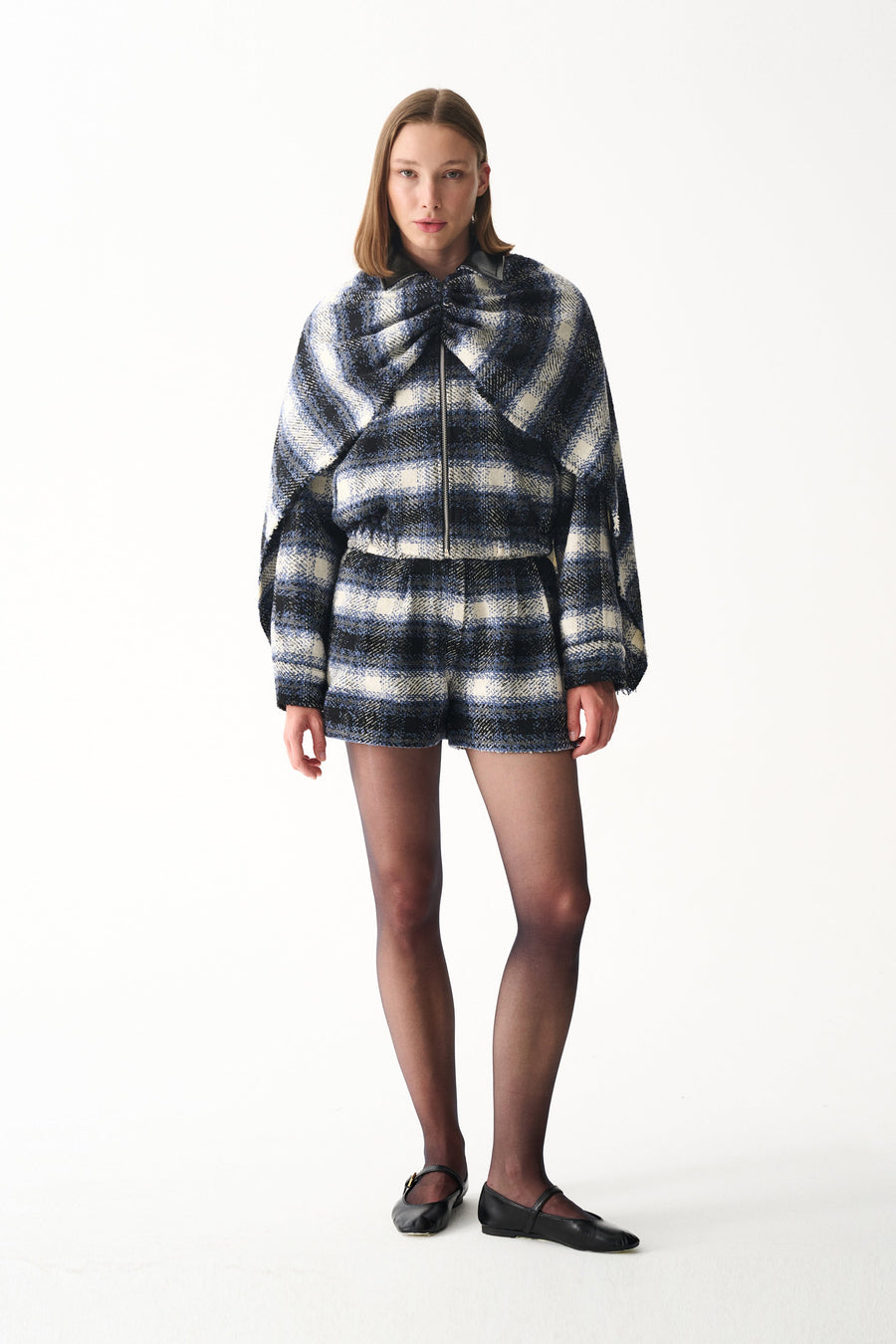 Plaid wool cape, jacket and shorts set