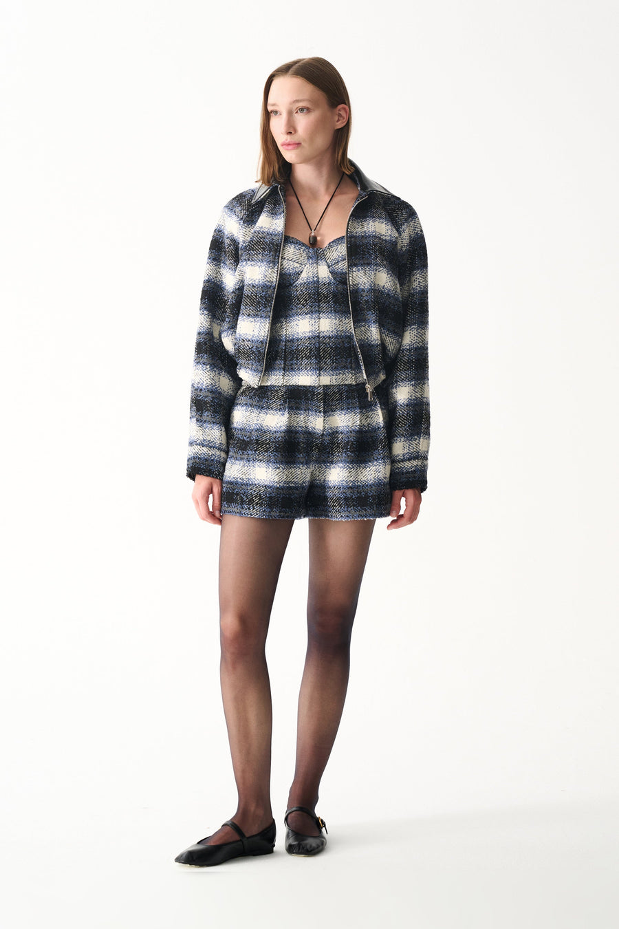 Plaid wool jacket and shorts set
