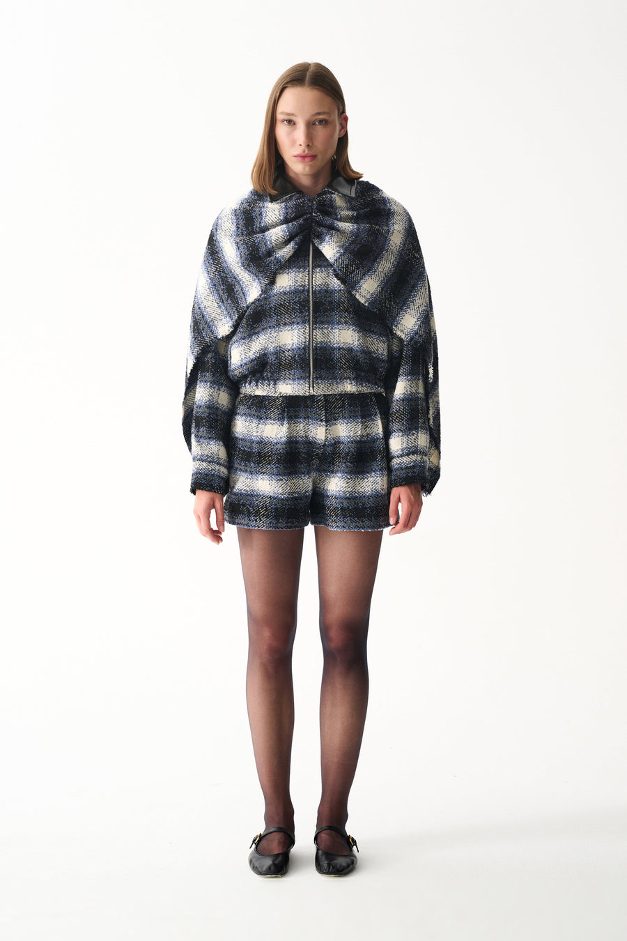 Plaid wool cape, jacket and shorts set