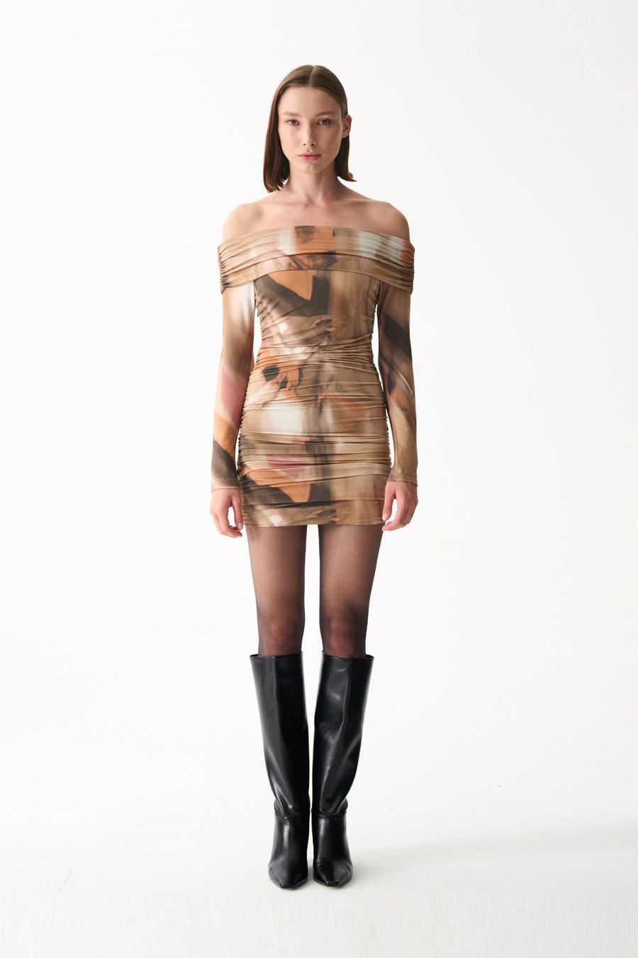 MARIMAR LONG-SLEEVE DRESS / BROWN PATTERNED