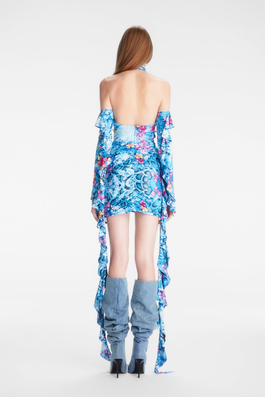 LANA RUFFLED DRESS / BLUE FLORAL PATTERNED