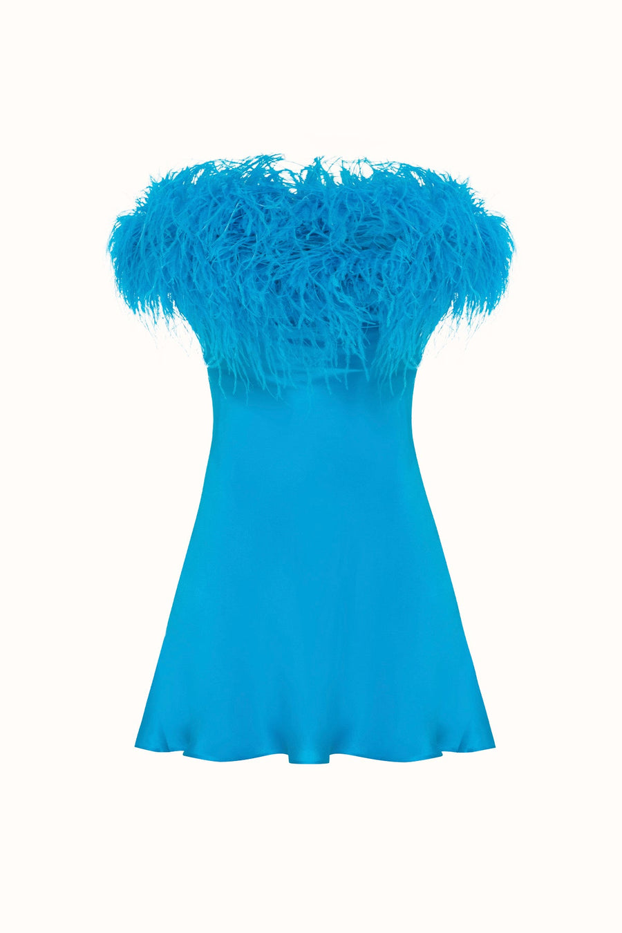 FAIRY FEATHERED MINI SATIN DRESS / BLUE